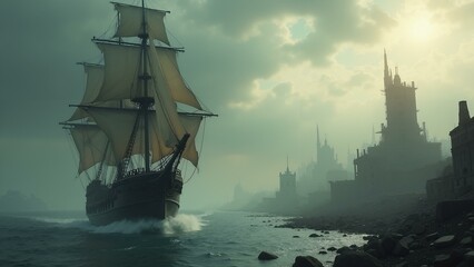   A hauntingly beautiful pirate ship navigates through a post-apocalyptic world filled with ruined cities and barren landscapes. The highly detailed textures of, ultra detailed, 8k resolution, HD