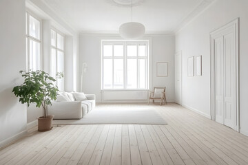 A clean, minimalist Scandinavian-style living room with light wooden floors, white walls, and simple, cozy furniture.