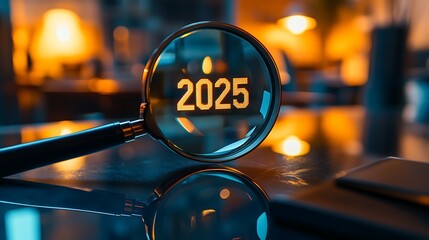 Magnifying glass focusing on the year 2025, surrounded by warm ambient lighting.