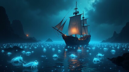 Fototapeta premium A stunningly detailed 8K pirate ship glides through a mesmerizing bioluminescent bay, as glowing creatures light up the water's surface., ultra detailed, 8k resolution, HDR, professional