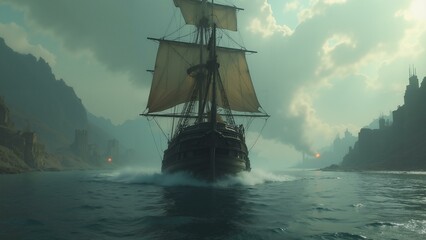   A hauntingly beautiful pirate ship navigates through a post-apocalyptic world filled with ruined cities and barren landscapes. The highly detailed textures of, ultra detailed, 8k resolution, HD