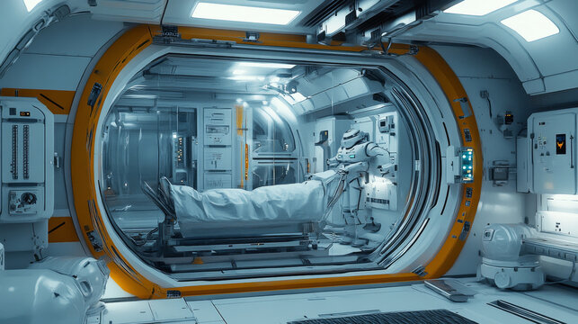 Futuristic cryogen capsule science laboratory isolated set. Cartoon lab equipment with robot on spaceship interior. Cryonics technology clipart on white background. Hibernation research and experiment