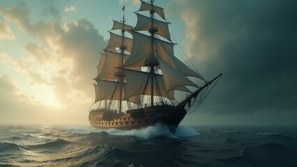  A captivating pirate ship sailing through a cinematic movie scene with intricate details and dynamic camera angles., ultra detailed, 8k resolution, HDR, professional