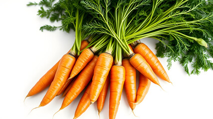 A vibrant bunch of fresh carrots with green stems, lying naturally on a white background. Hyperrealistic texture, visible root details, perfect cutout for food advertising.