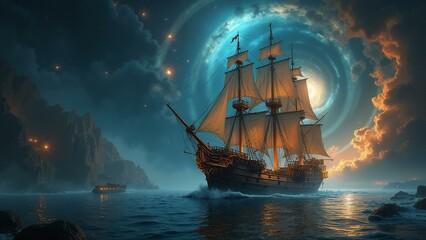   A pirate ship navigates a surreal sea of archetypal symbols within the Collective Unconscious. The ship's intricate details and textures reflect universal the, ultra detailed, 8k resolution, HD