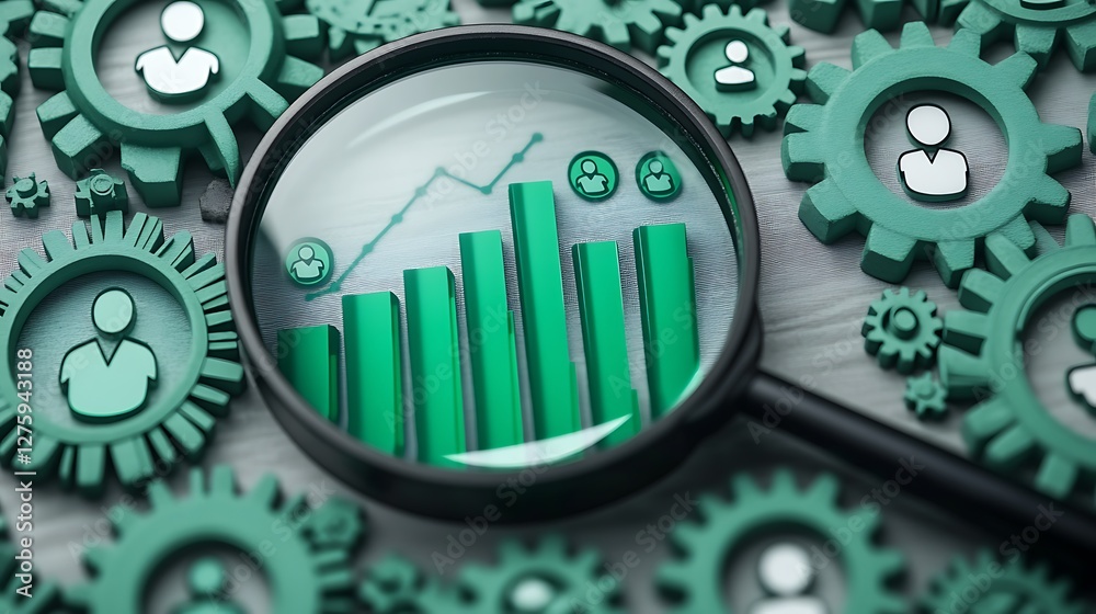 Aufkleber graphs and gears presented under a magnifying glass, symbolizing analysis and growth in business.