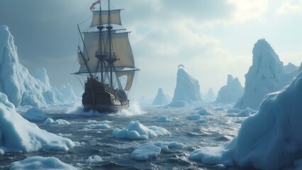 Obraz premium A photorealistic 8k image depicts a pirate ship sailing through an icy sea, navigating treacherous waters with intricate details on the ship and surrounding i, ultra detailed, 8k resolution, HD