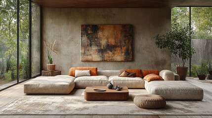 Modern living room with clean, minimal design and natural light, embodying simplicity and elegance.