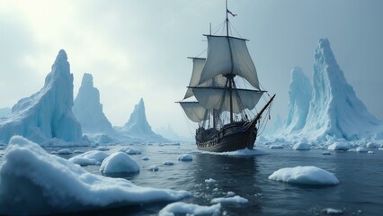 Obraz premium A photorealistic 8k image depicts a pirate ship sailing through an icy sea, navigating treacherous waters with intricate details on the ship and surrounding i, ultra detailed, 8k resolution, HD