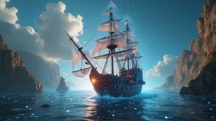   A captivating pirate ship sailing through a seamless blend of real-world and virtual environment with intricate details in 8k resolution, creating an immersiv, ultra detailed, 8k resolution, HD