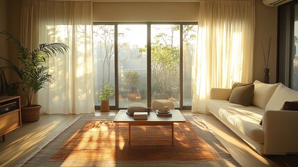 Modern living room with clean, minimal design and natural light, embodying simplicity and elegance.