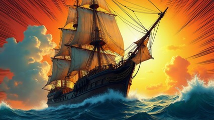 Obraz premium A striking, high-resolution pirate ship sailing through a vibrant comic book setting with intricate details and bold lines, showcasing stylized textures in an, ultra detailed, 8k resolution, HD