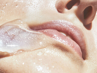 Fototapeta premium close up image of woman lips with glossy substance applied, highlighting skincare and hydration. texture and shine emphasize fresh and moisturized appearance
