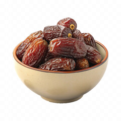 abstract 3d Royal dry dates lie in big bowl isolated on white background