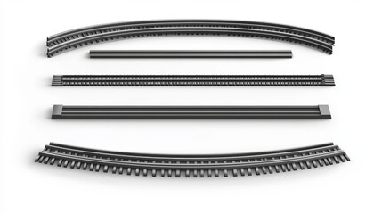 Train rails top view, railway track straight, curve and round path, steel sleepers for metro, logistics transportation construction isolated on transparent background. Realistic 3d vector illustration