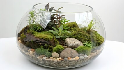 Glass terrarium with plants and stones