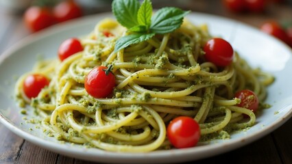   Appetizing vegetarian dish featuring a vibrant plate of pasta with rich pesto sauce, adorned with succulent cherry tomatoes., ultra detailed, 8k resolution, HDR, professional