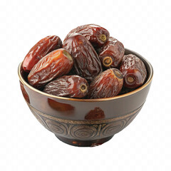 abstract 3d Royal dry dates lie in big bowl isolated on white background