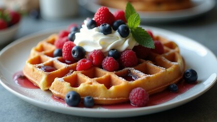   A mouthwatering plate of golden waffles, beautifully adorned with a variety of juicy berries and creamy whipped cream., ultra detailed, 8k resolution, HDR, professional