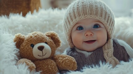 Adorable Baby with Teddy Bear in Cozy Winter Setting