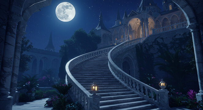  A breathtaking 3D-rendered fantasy nocturnal scene featuring a full moon illuminating a grand palace with elegant marble stairs, creating a mystical and enchanting atmosphere
