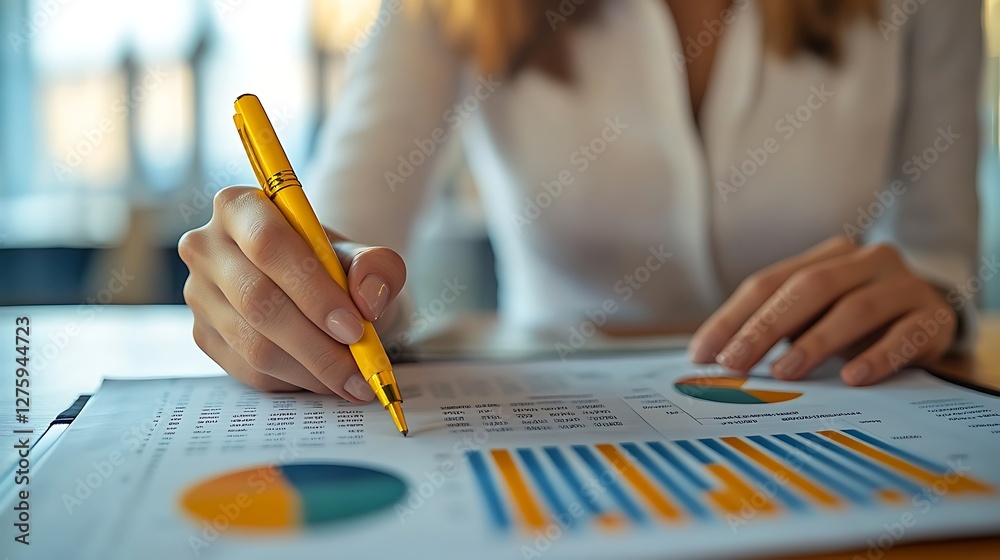 Aufkleber a person analyzing charts and graphs with a yellow pen in a bright office setting.