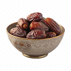 abstract 3d Royal dry dates lie in big bowl isolated on white background