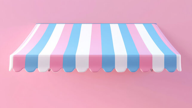 Shop, cafe or market canopy, awning with white, blue and pink stripes. Striped sunshade for grocery, candy store or stall with ice cream or cotton candy, vector realistic 3d. 3D Illustration