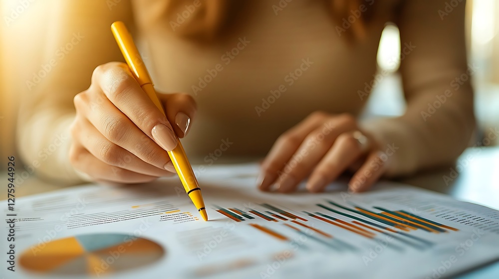 Poster A person analyzing charts and graphs with a yellow pen in a bright workspace.