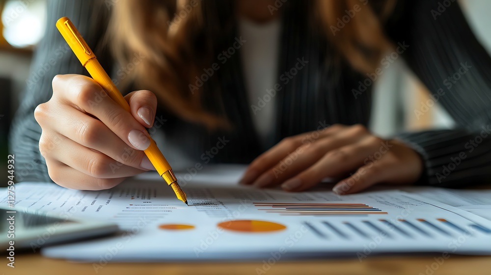 Poster A person analyzing graphs and charts with a pen on documents at a desk.