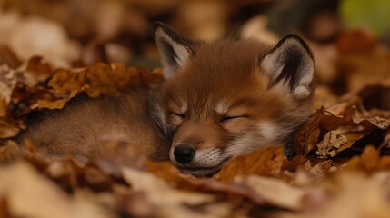 Fototapeta premium Adorable Red Fox Kit Sleeping Cozy Among Autumn Leaves in Forest