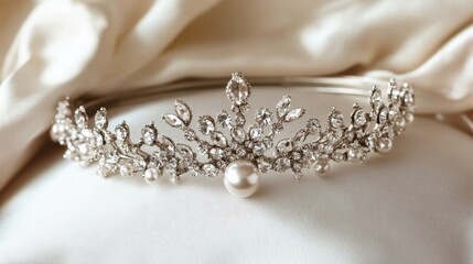 A royal-inspired antique tiara with delicate crystal embellishments on a satin cushion