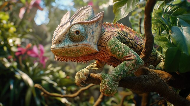 A colorful chameleon sits on a branch in a tree, showcasing its vibrant scales and alert posture