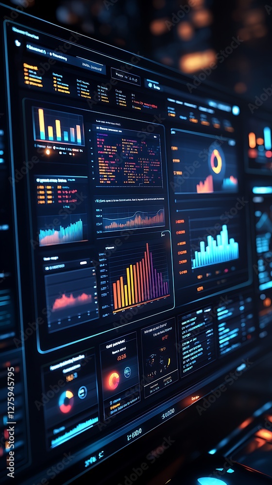 Poster Futuristic data analysis dashboard with vibrant graphs and charts.