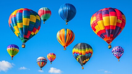Fototapeta premium Colorful hot air balloons float against a vibrant blue sky.