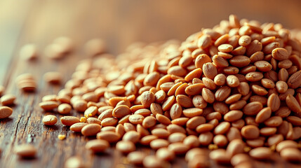 Obraz premium Close-up of a pile of golden seeds on a rustic wooden surface. Natural light illuminates the warm tones.