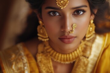 A woman wearing a gold necklace and earrings, everyday style