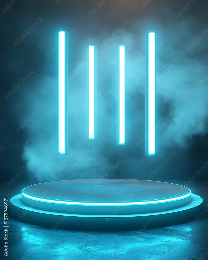 Poster illuminated platform with blue neon lights and fog effect.
