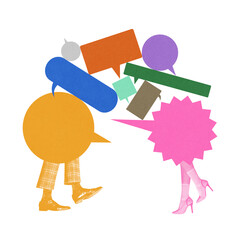 Two figures made of overlapping speech bubbles appear to engage in lively conversation, emphasizing...