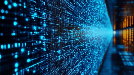 Blue background with light shining through it. Cybersecurity is the technology that allows the use of neural digital data networks. A supercomputer is streamed to a stream of lifestyle computing.