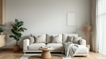Scandinavian, minimalist interior design of modern elegant living room with white sofa, wooden coffee table and neutral-toned pillows. Simple, natural decor creates serene and peaceful atmosphere. 