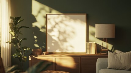 sunlit living room interior with blank canvas and wooden furnitu