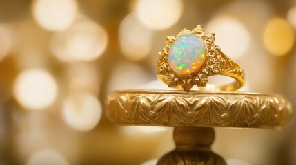 A shimmering opal crystal ring with a filigree gold band resting on an elegant jewelry stand