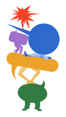 Figures made of speech bubbles balance on one another, representing layered conversation,...