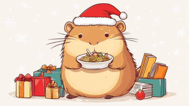 Cute capybara cartoon character mascot eating noodles, holding present, reading books, relaxing on snow, enjoying ramen. Brown furry creature wearing Christmas hat for holiday stickers, greeting card.