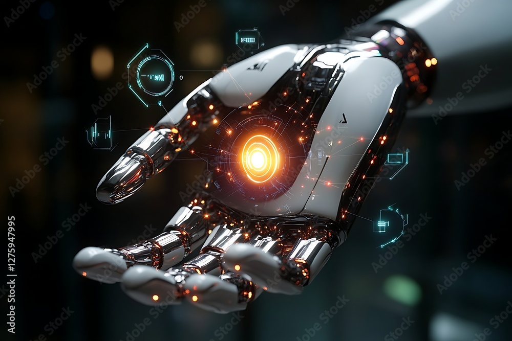 Poster futuristic robotic hand holding a glowing orb with digital elements surrounding it.