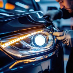 A person repairing a car's headlight