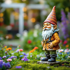A colorful garden gnome statue stands out against a soft, blurred garden backdrop, ideal for design and marketing use.