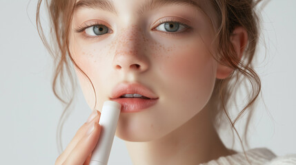 A girl with light makeup and white skin is holding an elongated lip balm tube in her hand, which she just used to care for the area around her lips.