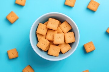 Fototapeta premium A bowl filled with crackers sits on a blue surface, perfect for snacking or as part of a table setting
